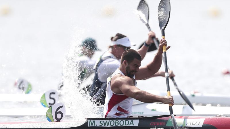 Markus Swoboda of Austria in action during the Canoe Sprint - Men's KL2 200m heat 2 at the Rio 2016 Paralympic Games.